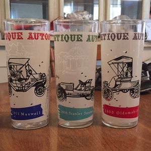 3 vintage Antique Autos drinking glasses